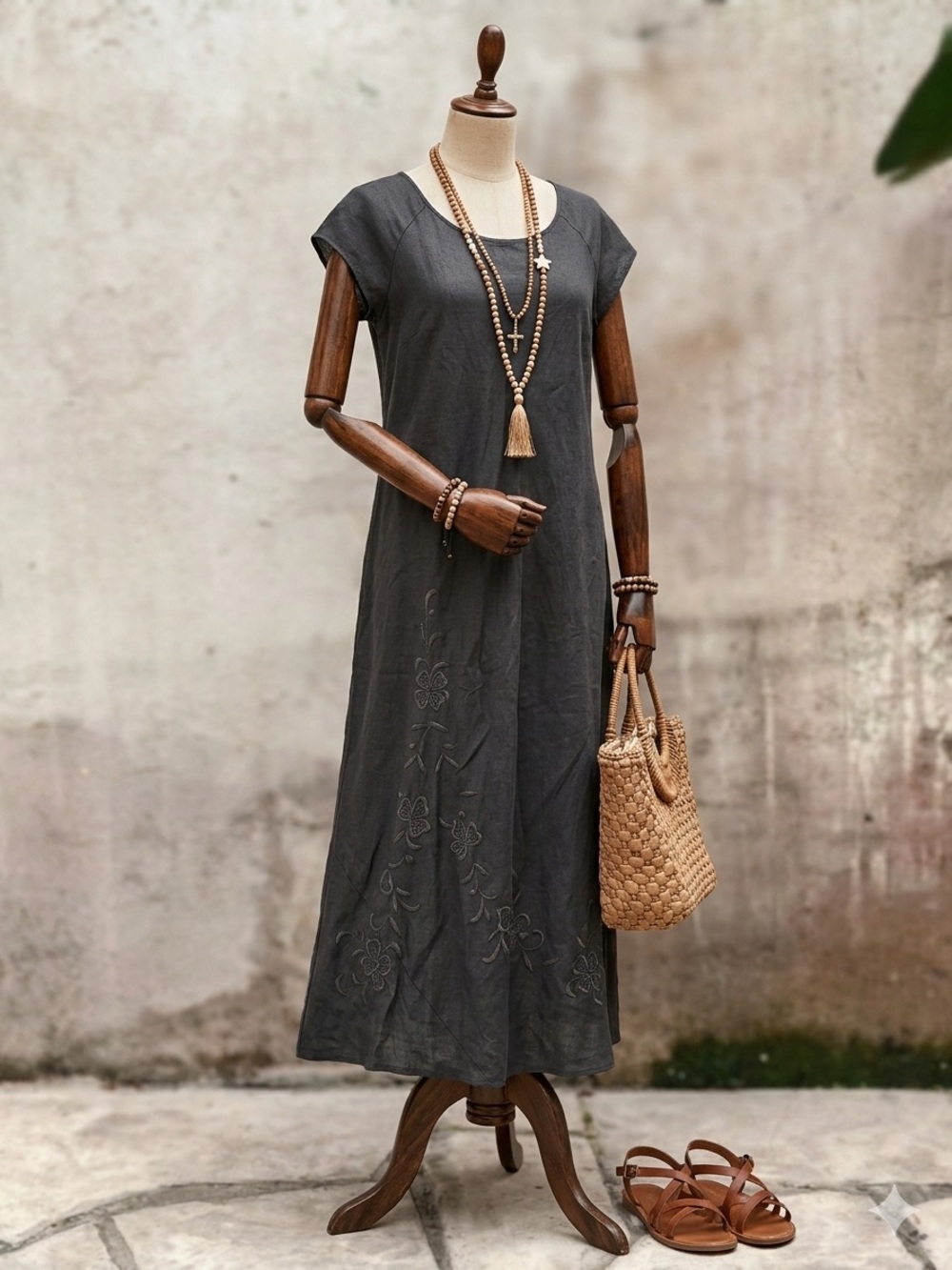 ❤️ 100% Linen - Vintage Evan Picone Black Embroidered Maxi Dress - Size 12